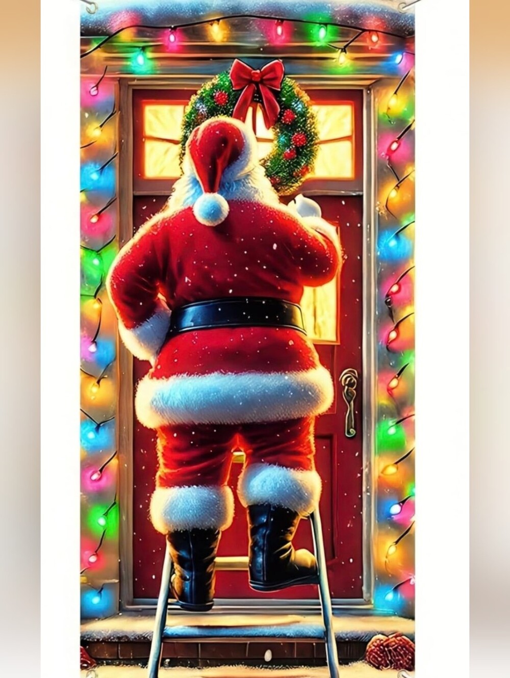 Festive Santa Doorway Holiday Wall Art Print - Red